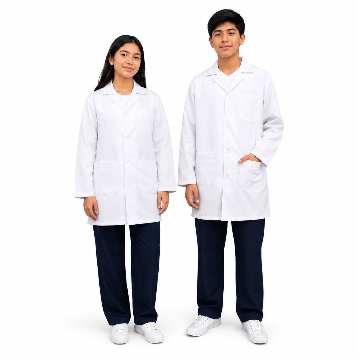 Modelos hombre y mujer adolescentes vistiendo bata de laboratorio NEVADO Grupo Seypro